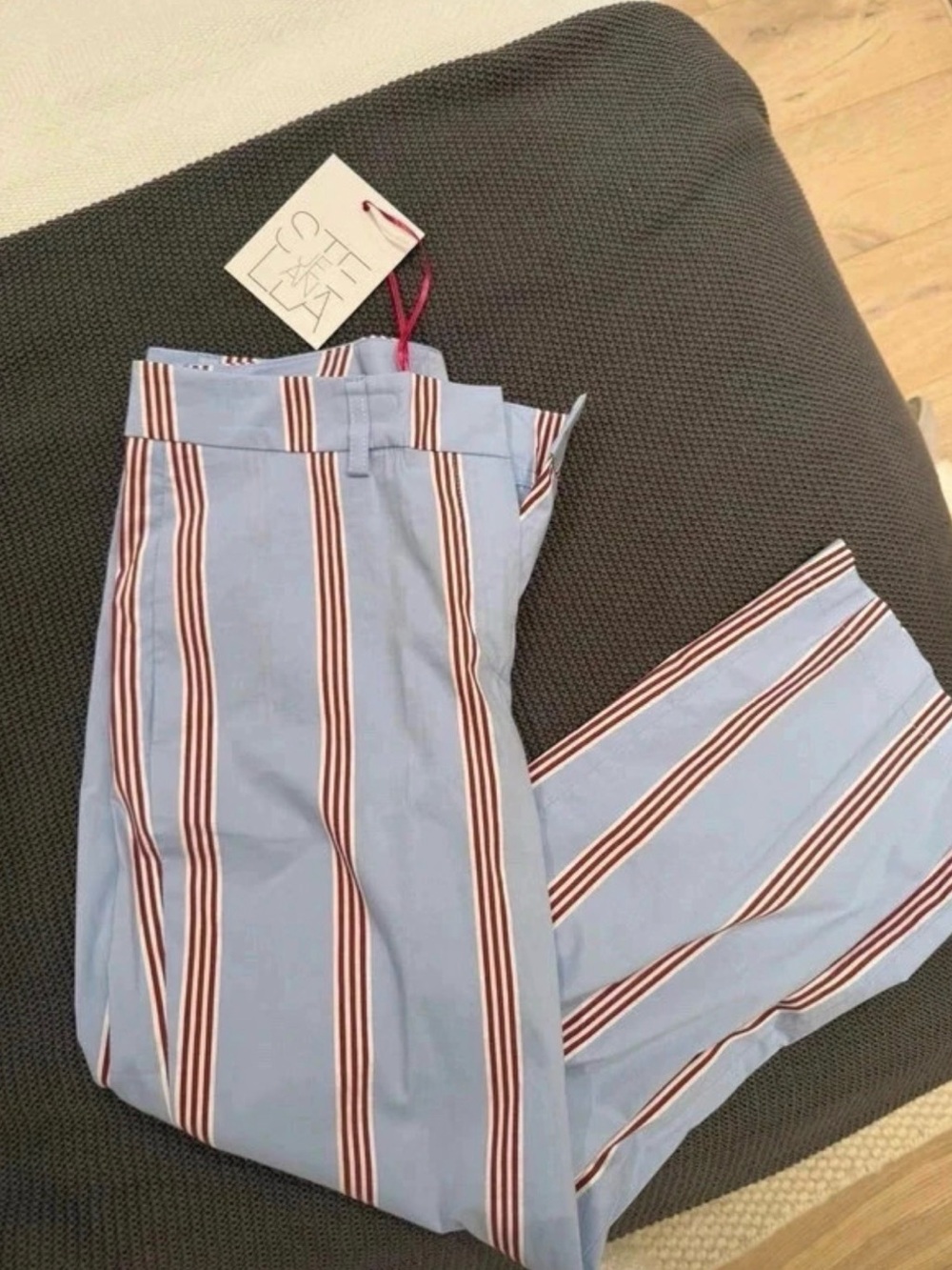 Stella Jean Sky Blue Stripe Chinos with Maroon Trim
